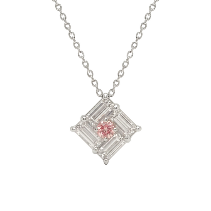 Tilted Monarch Frame Pink-Diamond Necklace (MG367)