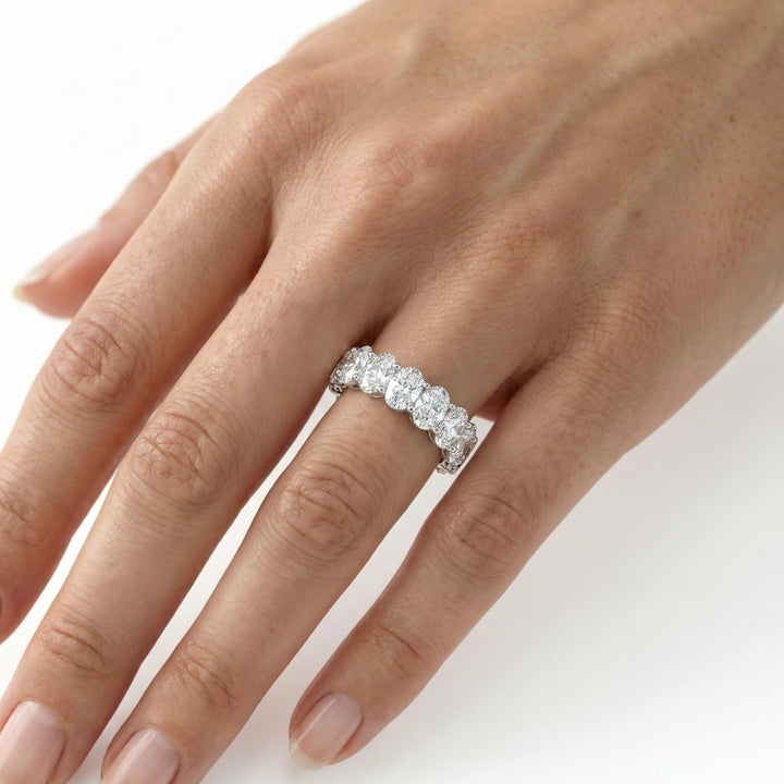 Oval Cut Eternity Ring in Platinum on ring finger