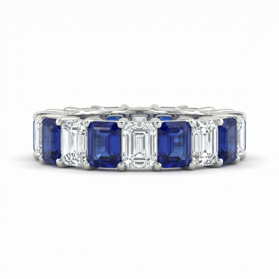 Platinum lab sapphire diamond emerald-cut eternity ring by M Grace Jewelry