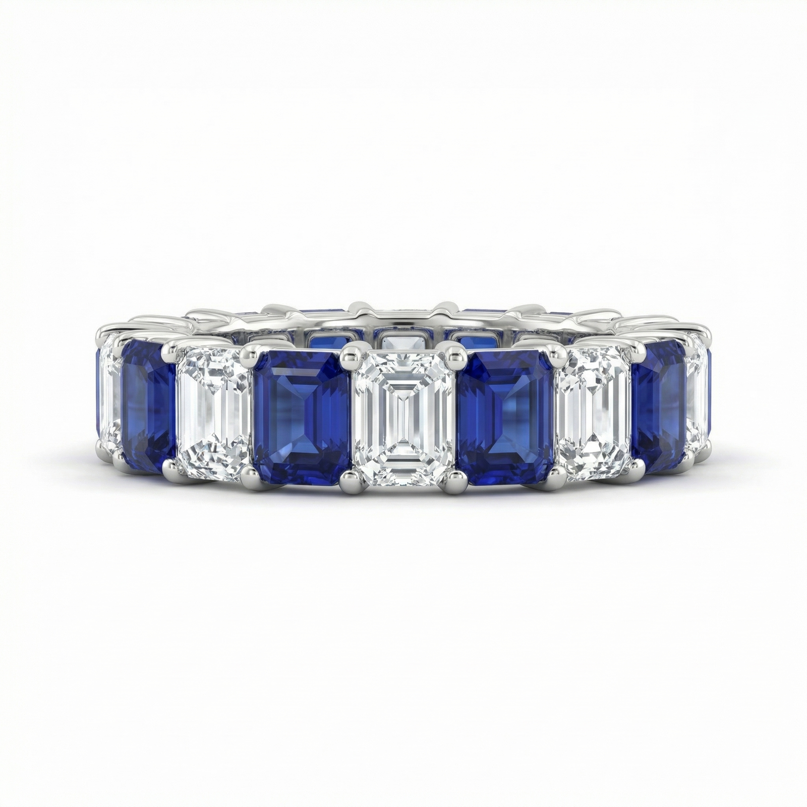 Platinum lab sapphire diamond emerald-cut eternity ring by M Grace Jewelry