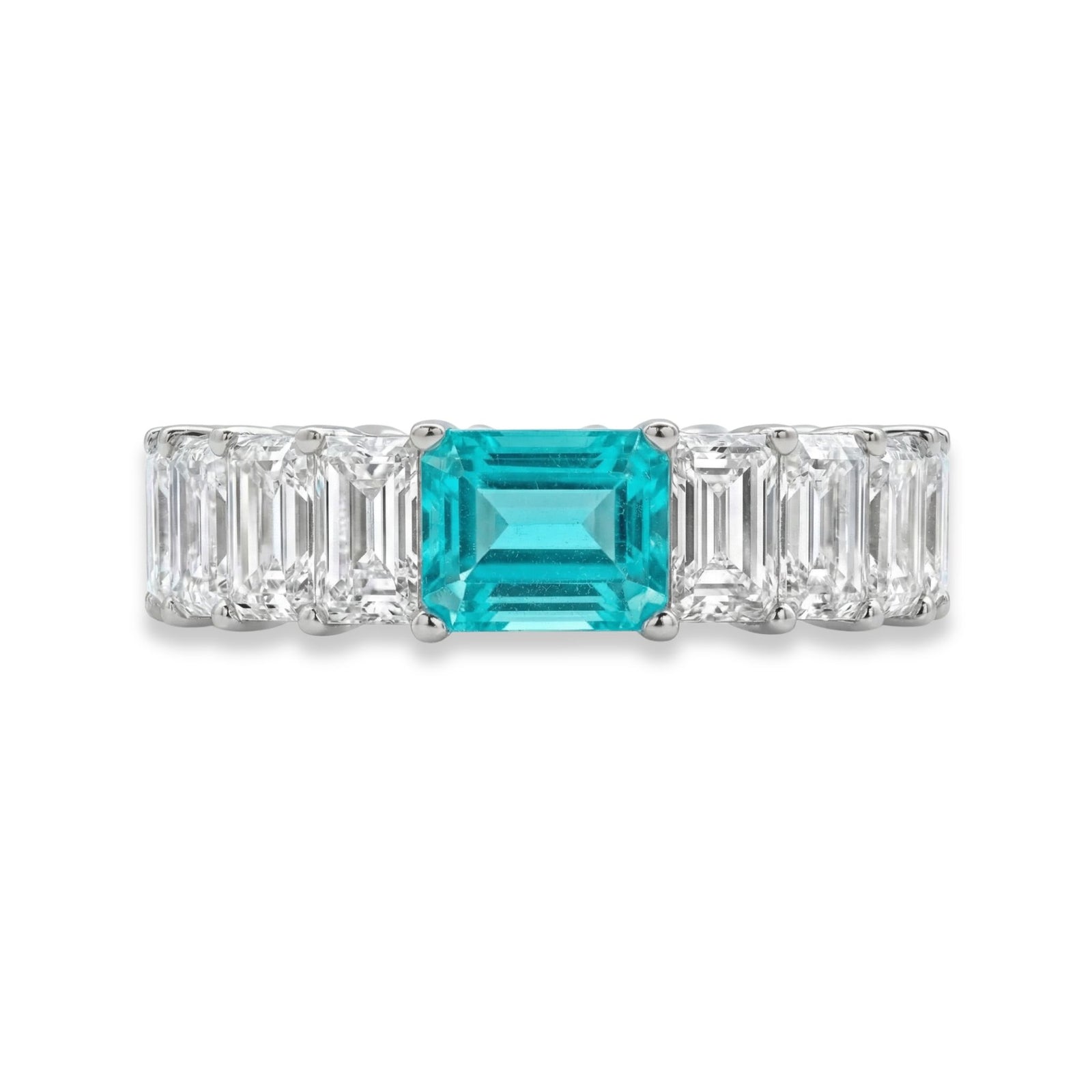 Platinum Emerald Cut Eternity ring with paraiba stone in center