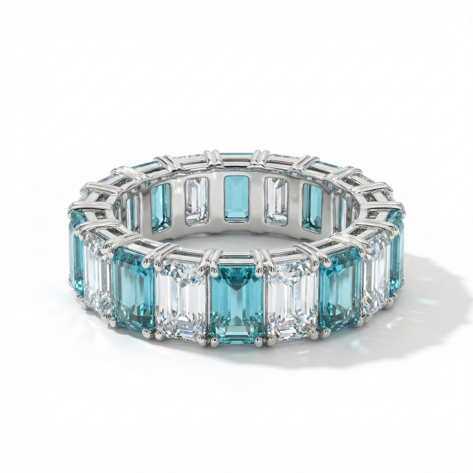 Platinum lab Paraiba tourmaline diamond eternity ring — M Grace Jewelry