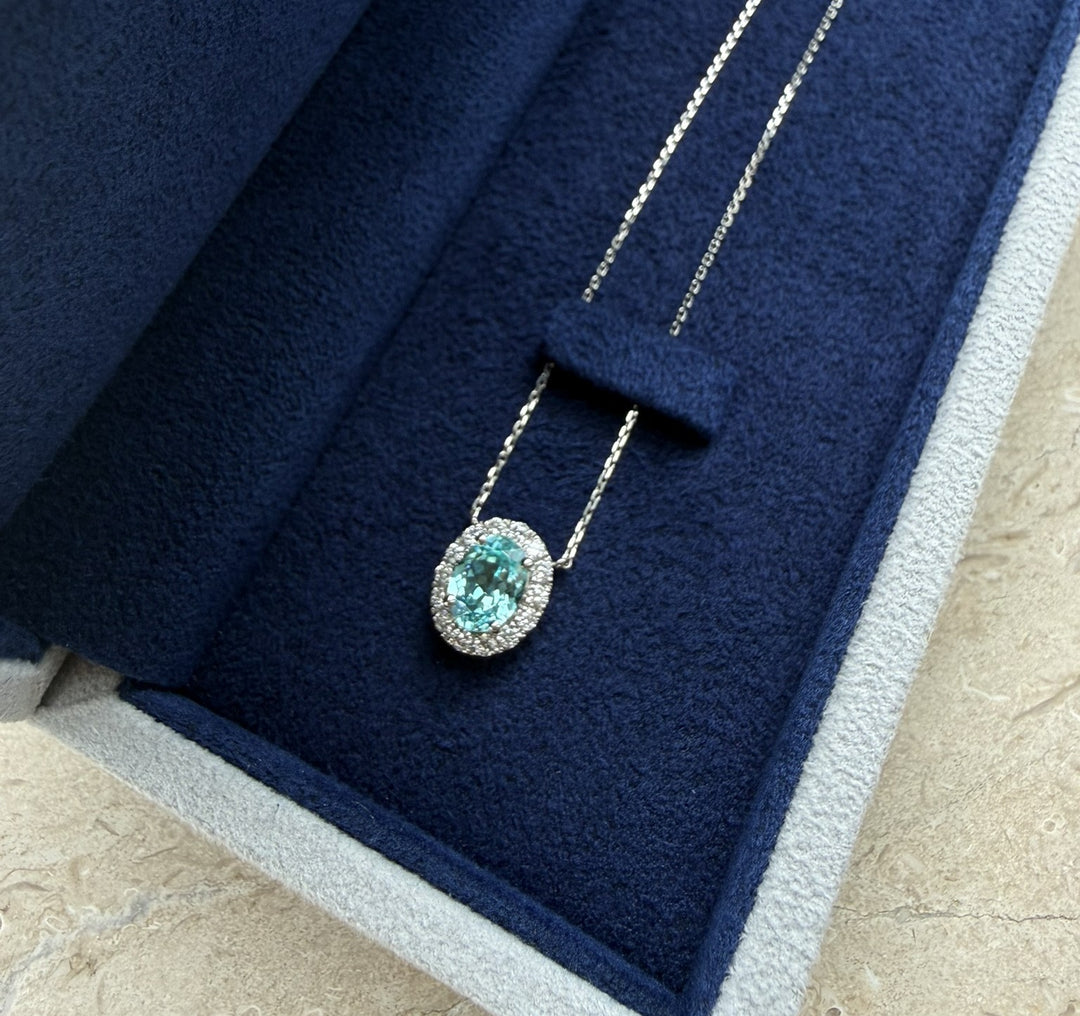 Platinum lab Paraiba tourmaline diamond halo pendant necklace — M Grace Jewelry