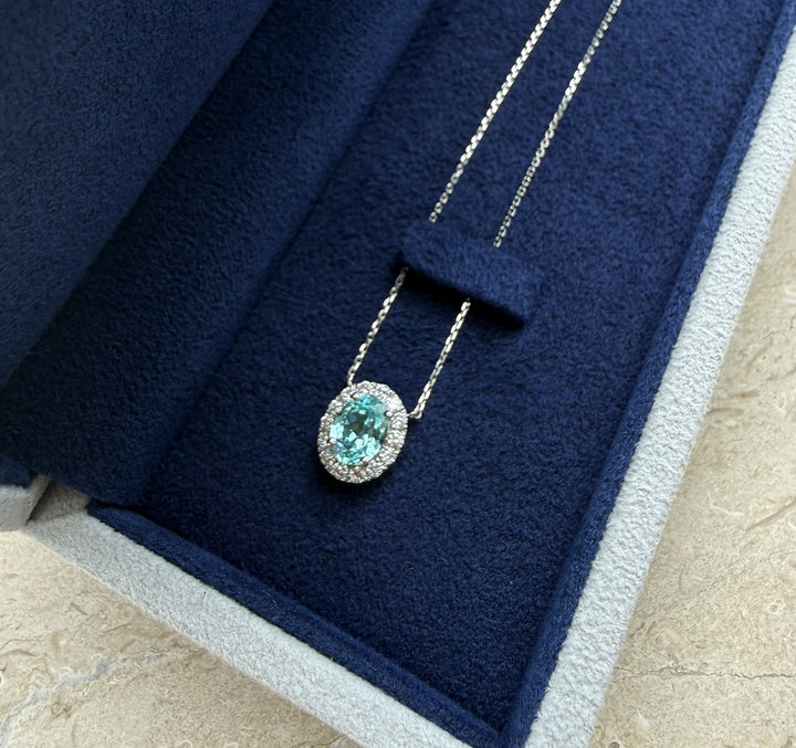 Platinum lab Paraiba tourmaline diamond halo pendant necklace — M Grace Jewelry