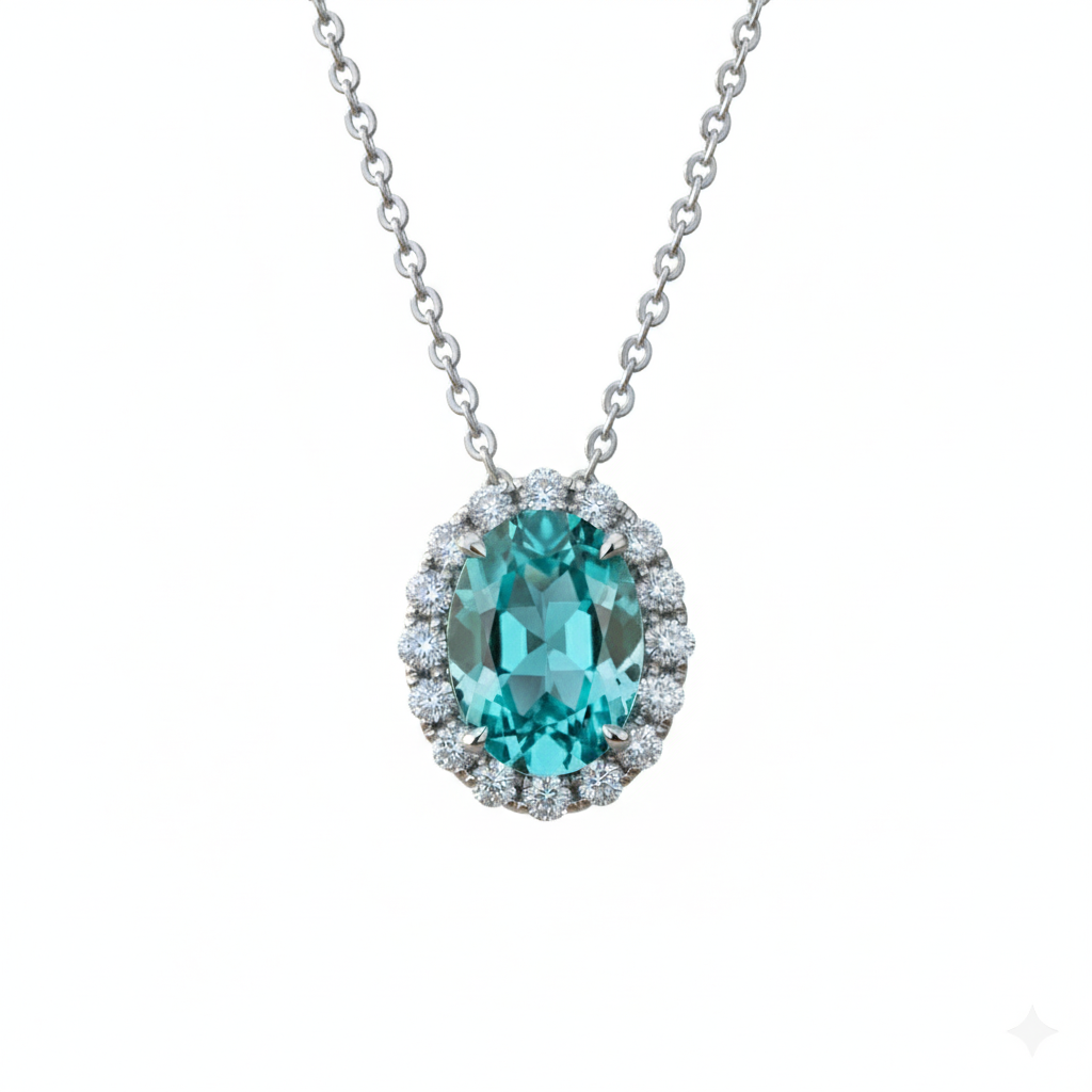 Platinum lab Paraiba tourmaline diamond halo pendant necklace — M Grace Jewelry