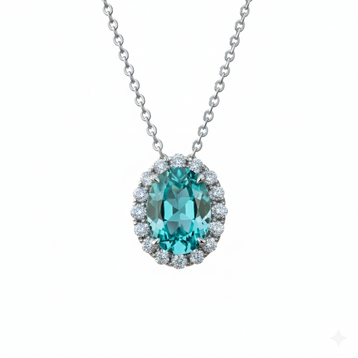 Platinum lab Paraiba tourmaline diamond halo pendant necklace — M Grace Jewelry