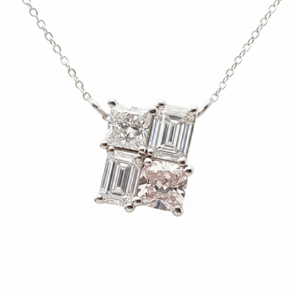Platinum mixed-cut lab diamond necklace four stones M Grace Jewelry