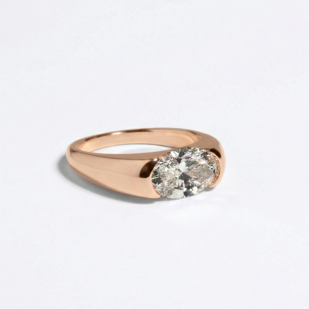 Rose gold oval-cut lab-grown diamond ring handcrafted by M Grace Jewelry