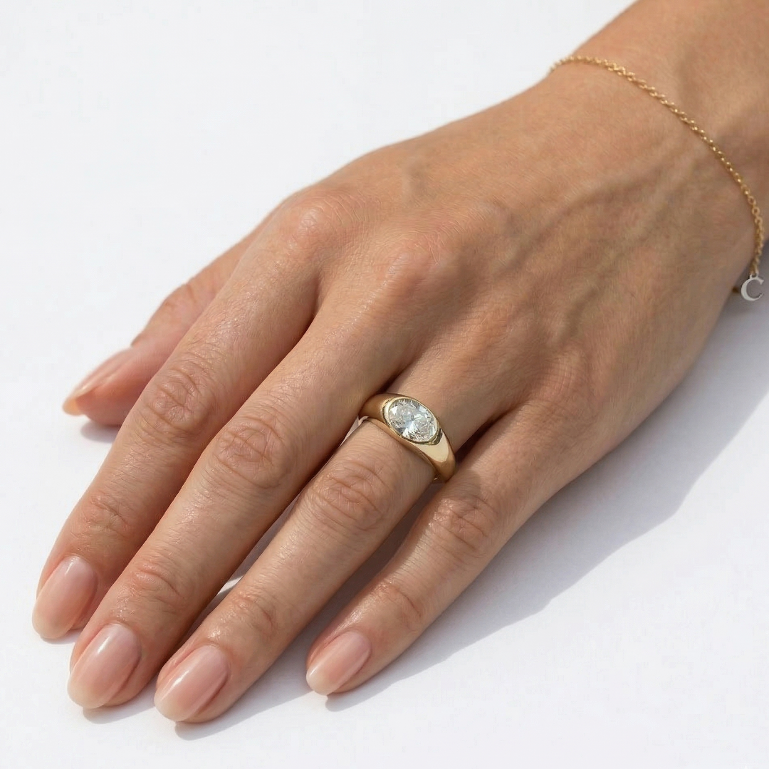 Yellow Gold oval-cut lab-grown diamond ring handcrafted by M Grace Jewelry