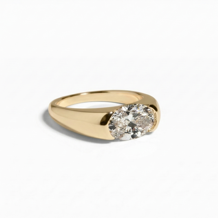 Yellow gold oval-cut lab-grown diamond ring handcrafted by M Grace Jewelry