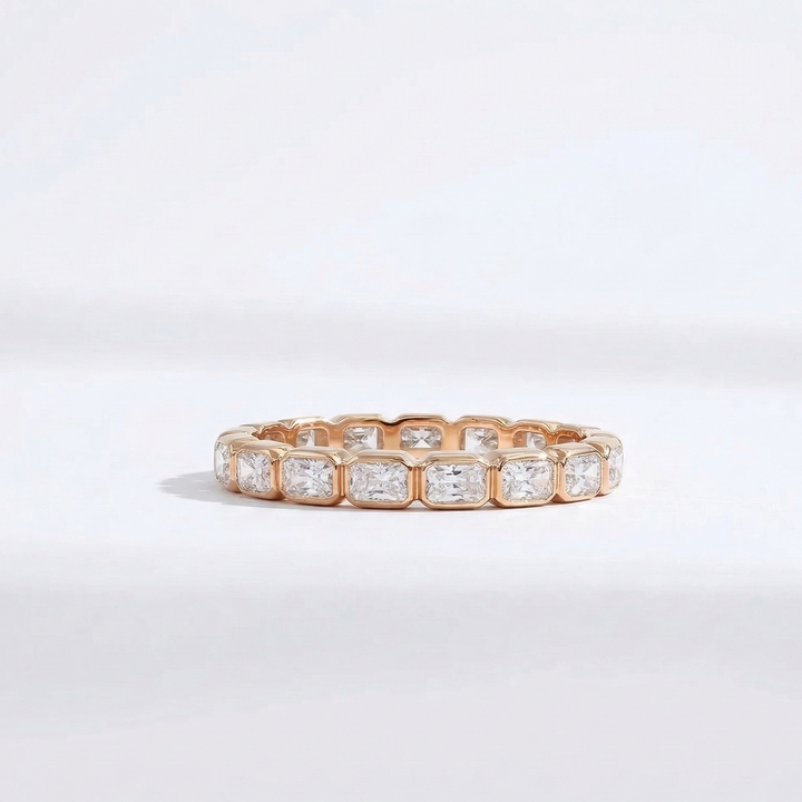 Rose gold radiant-cut lab diamond eternity ring, M Grace Jewelry