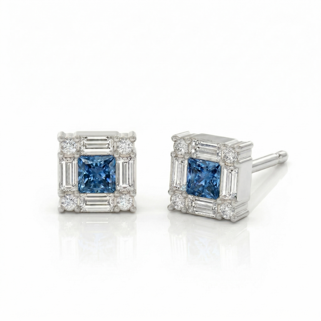 Platinum princess-cut blue diamond stud earrings — M Grace Jewelry