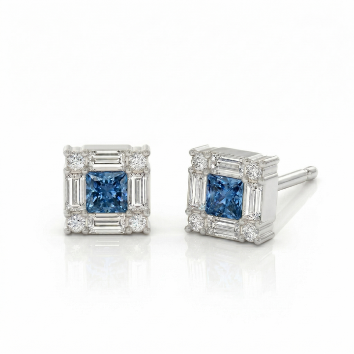 Platinum princess-cut blue diamond stud earrings — M Grace Jewelry