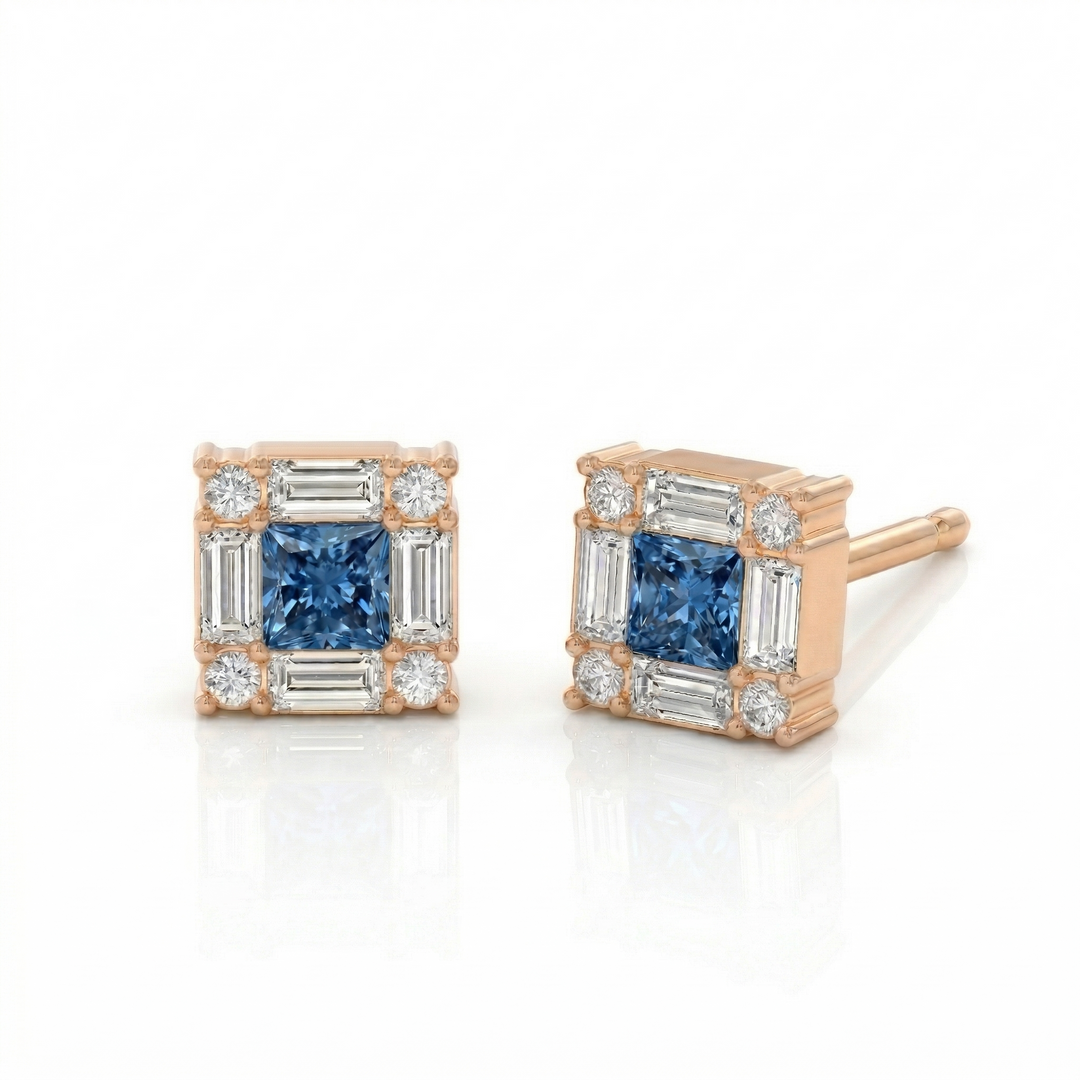 Rose gold princess-cut blue diamond stud earrings — M Grace Jewelry