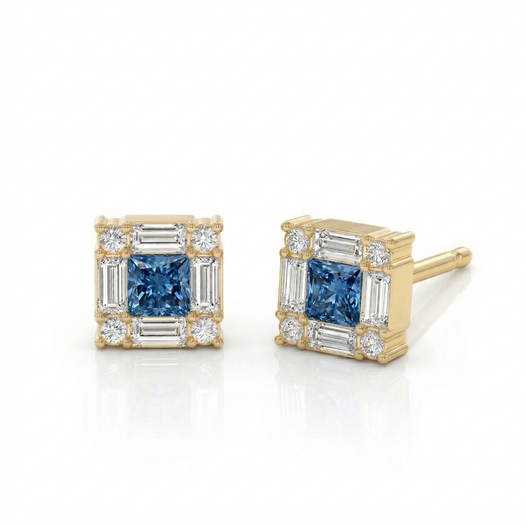 Yellow gold princess-cut blue diamond stud earrings — M Grace Jewelry