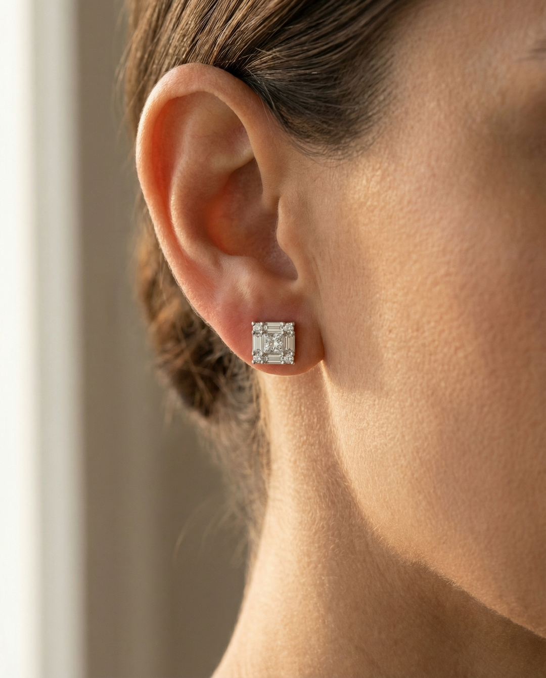 Platinum princess-cut diamond frame earrings by M Grace Jewelry