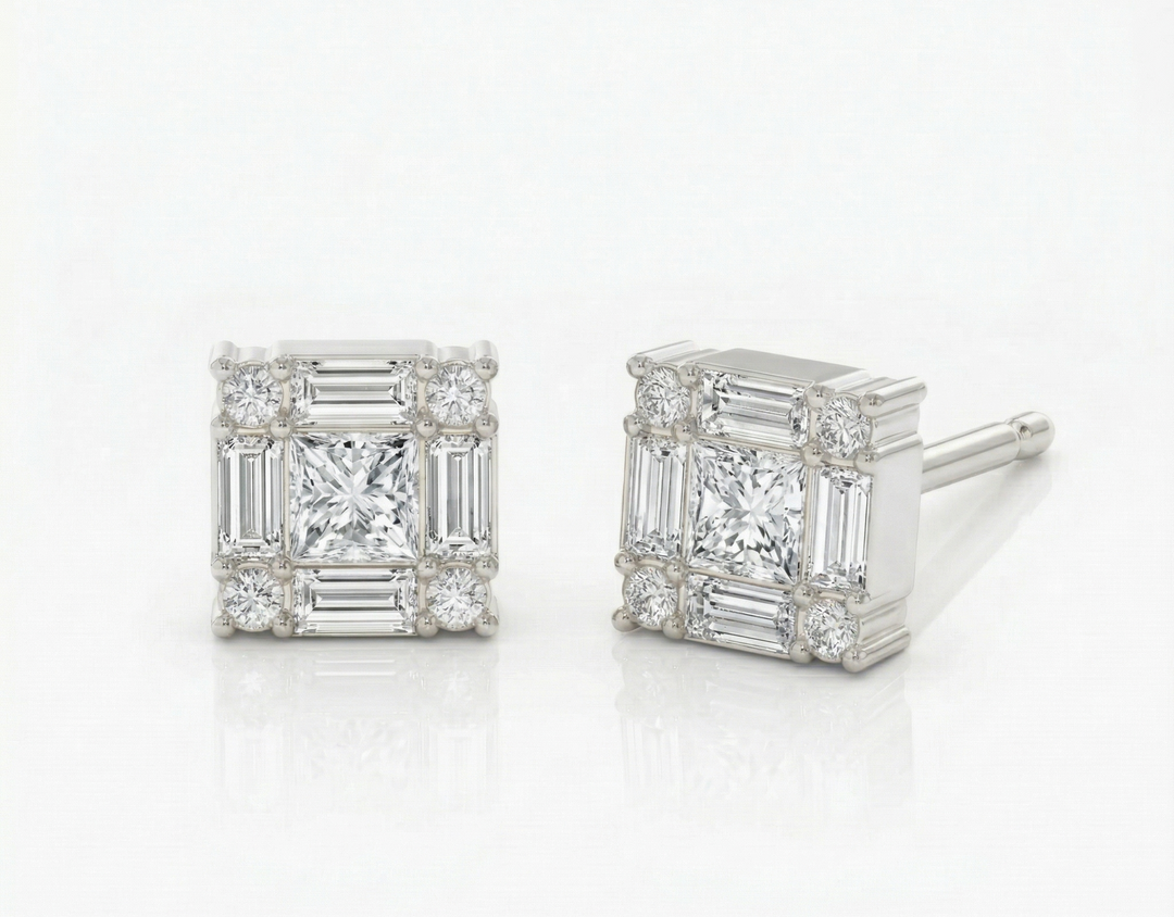 Platinum princess-cut diamond frame earrings by M Grace Jewelry