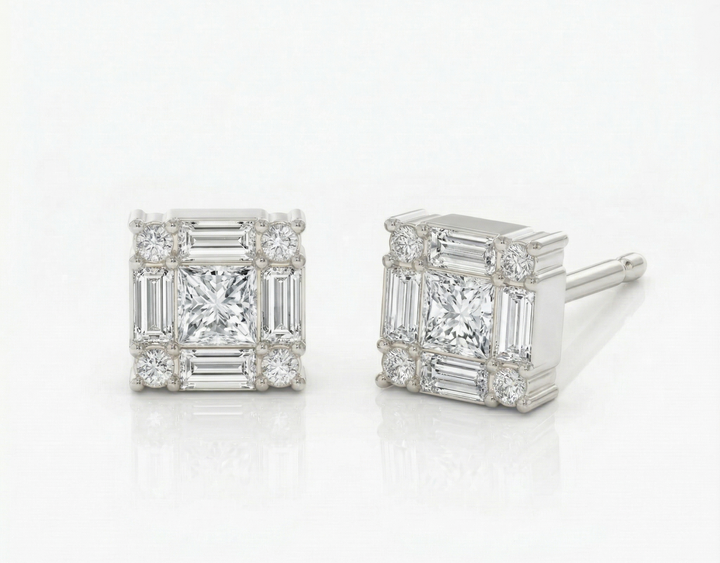 Platinum princess-cut diamond frame earrings by M Grace Jewelry