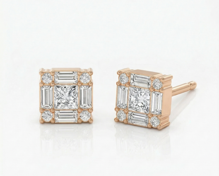 Rose gold princess-cut diamond frame earrings by M Grace Jewelry
