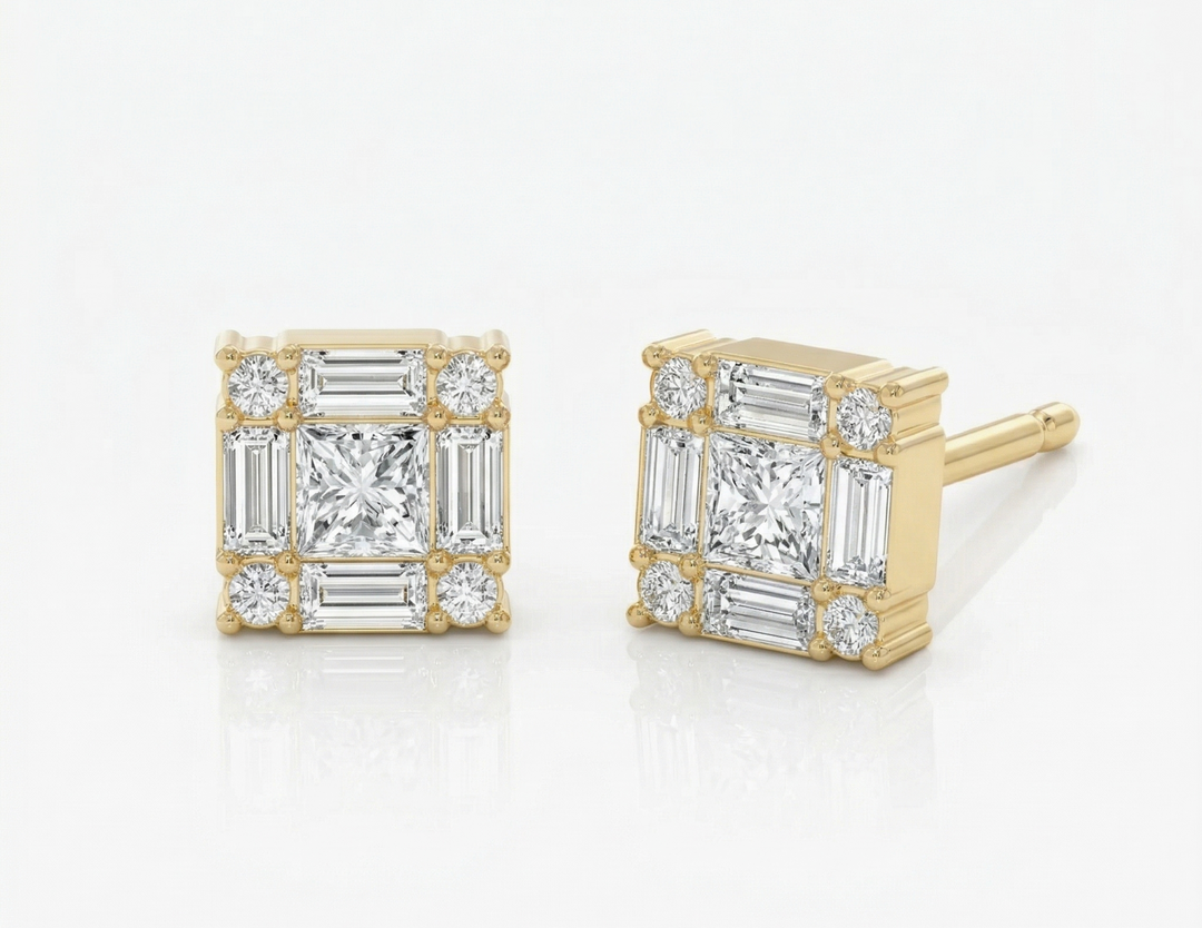Yellow gold princess-cut diamond frame earrings by M Grace Jewelry