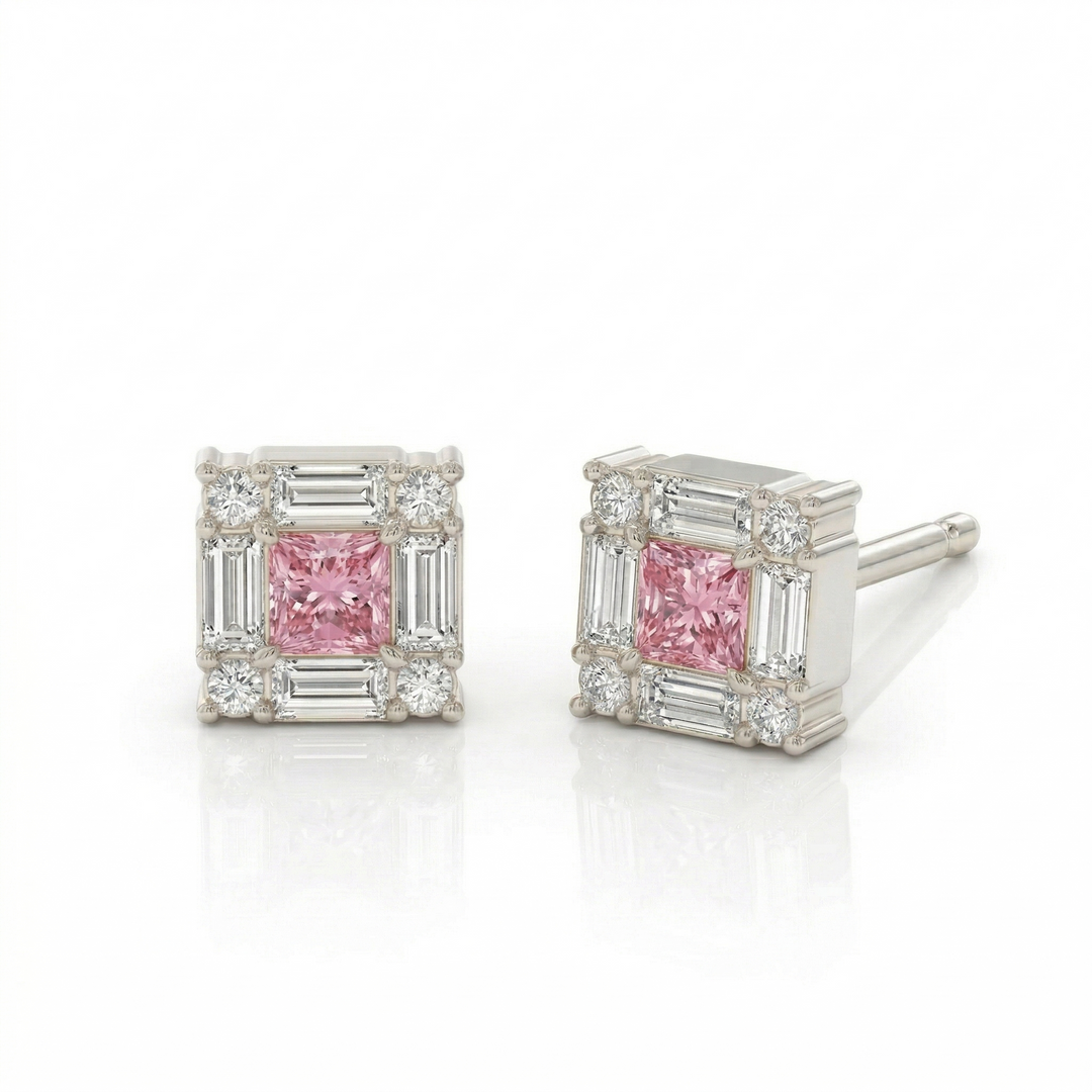 Platinum princess-cut pink diamond stud earrings — M Grace Jewelry