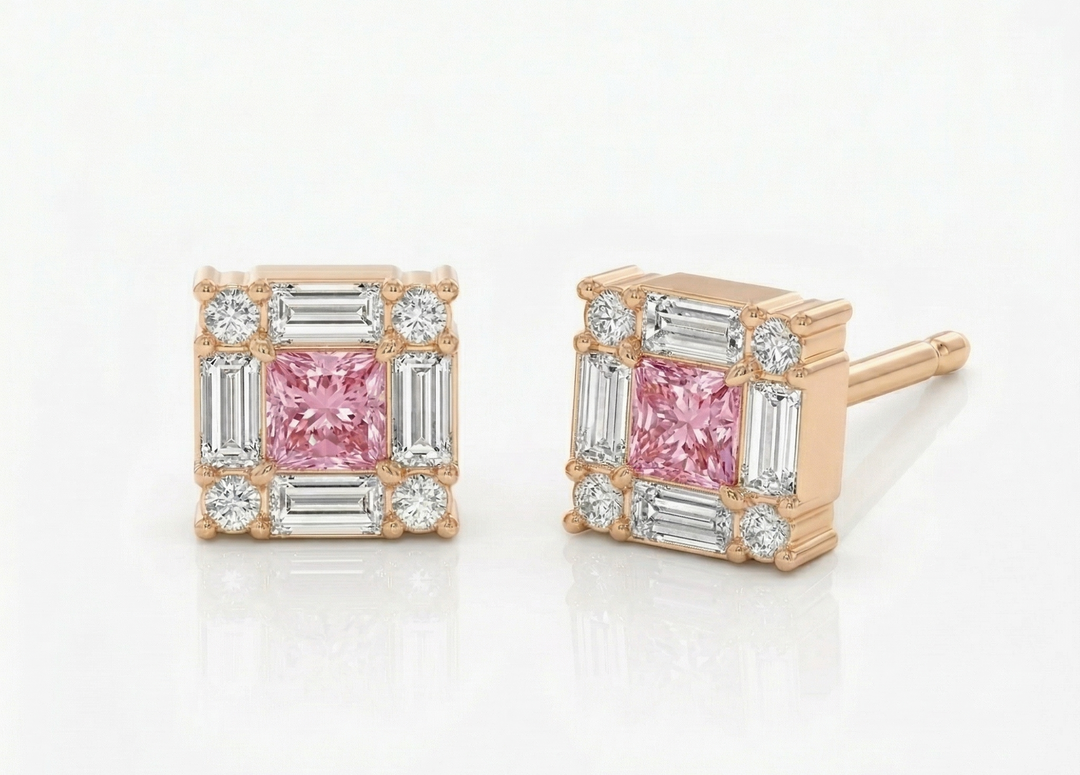 Rose gold princess-cut pink diamond stud earrings — M Grace Jewelry