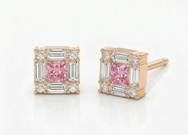 Rose gold princess-cut pink diamond stud earrings — M Grace Jewelry