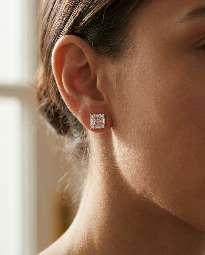 Yellow gold princess-cut pink diamond stud earrings — M Grace Jewelry