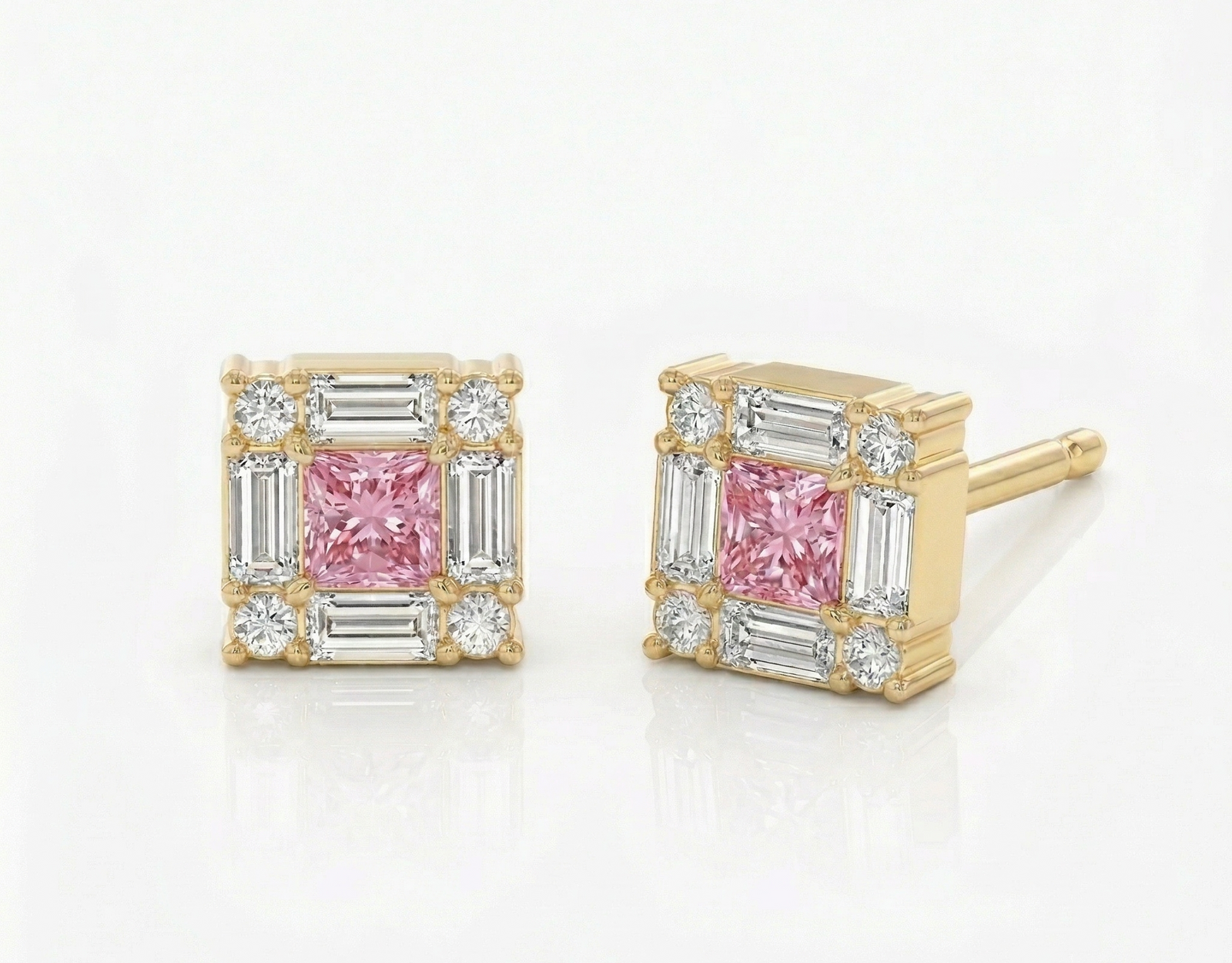 Yellow gold princess-cut pink diamond stud earrings — M Grace Jewelry