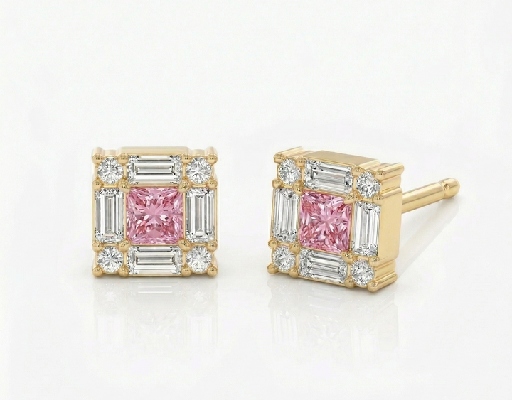 Yellow gold princess-cut pink diamond stud earrings — M Grace Jewelry