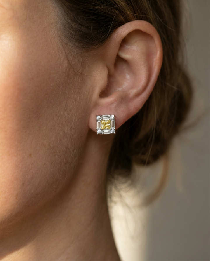 Platinum fancy yellow diamond frame stud earrings — M Grace Jewelry