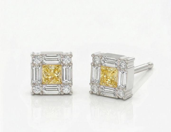 Platinum fancy yellow diamond frame stud earrings — M Grace Jewelry