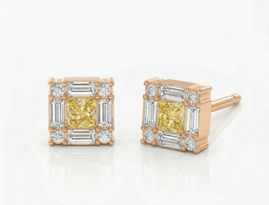 Rose gold fancy yellow diamond frame stud earrings — M Grace Jewelry