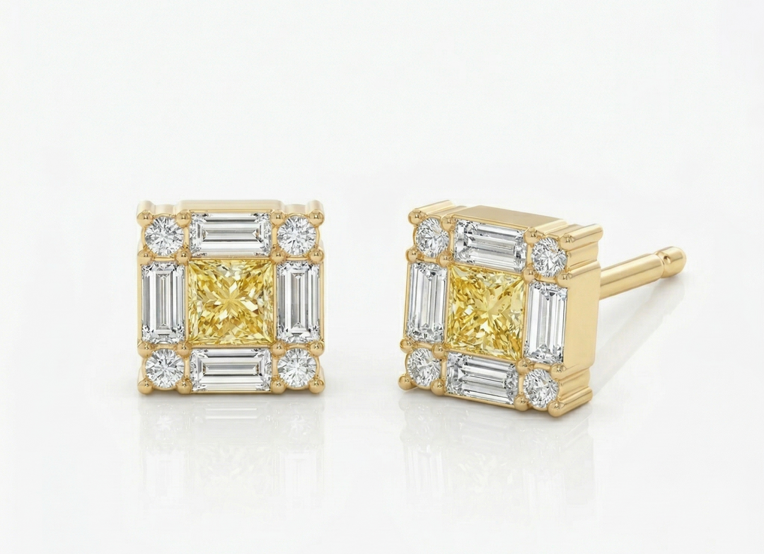 Yellow gold fancy yellow diamond frame stud earrings — M Grace Jewelry