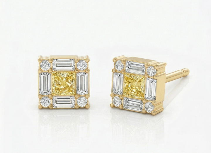 Yellow gold fancy yellow diamond frame stud earrings — M Grace Jewelry