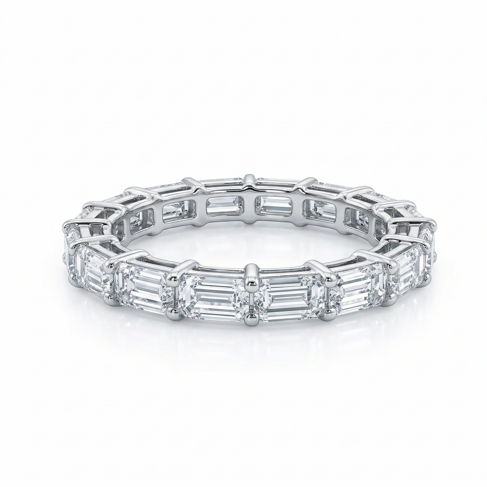 Platinum emerald-cut diamond eternity ring, lab-grown stones, M Grace Jewelry