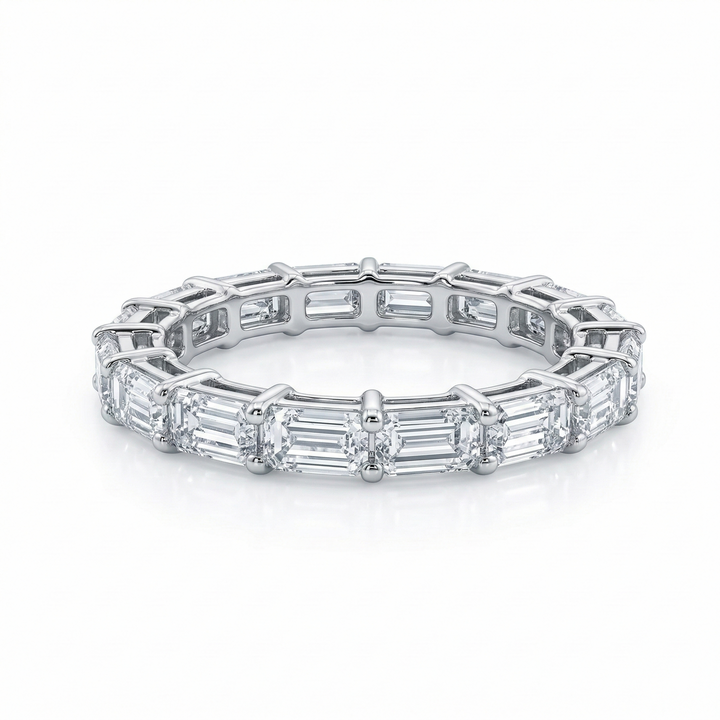 Platinum emerald-cut diamond eternity ring, lab-grown stones, M Grace Jewelry