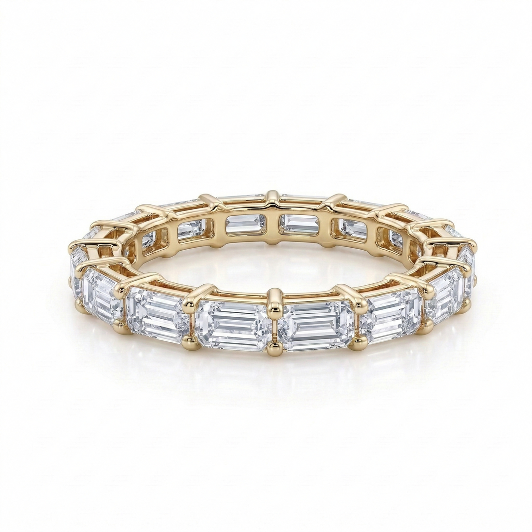 Yellow Gold emerald-cut diamond eternity ring, lab-grown stones, M Grace Jewelry