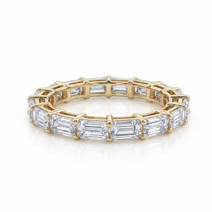 Yellow Gold emerald-cut diamond eternity ring, lab-grown stones, M Grace Jewelry