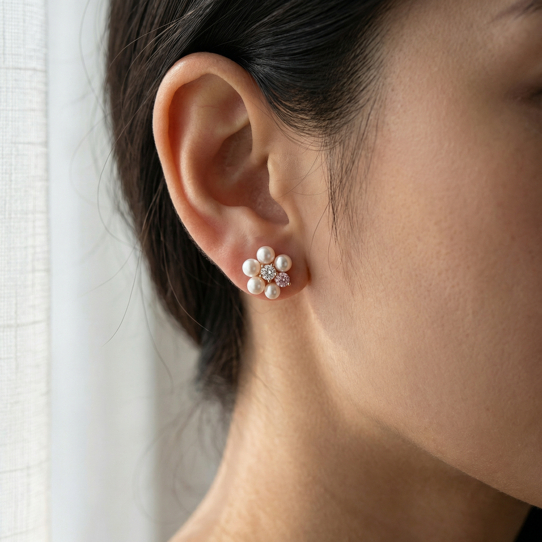 Akoya pearl and pink diamond floral earrings in rose gold — M Grace Jewelry