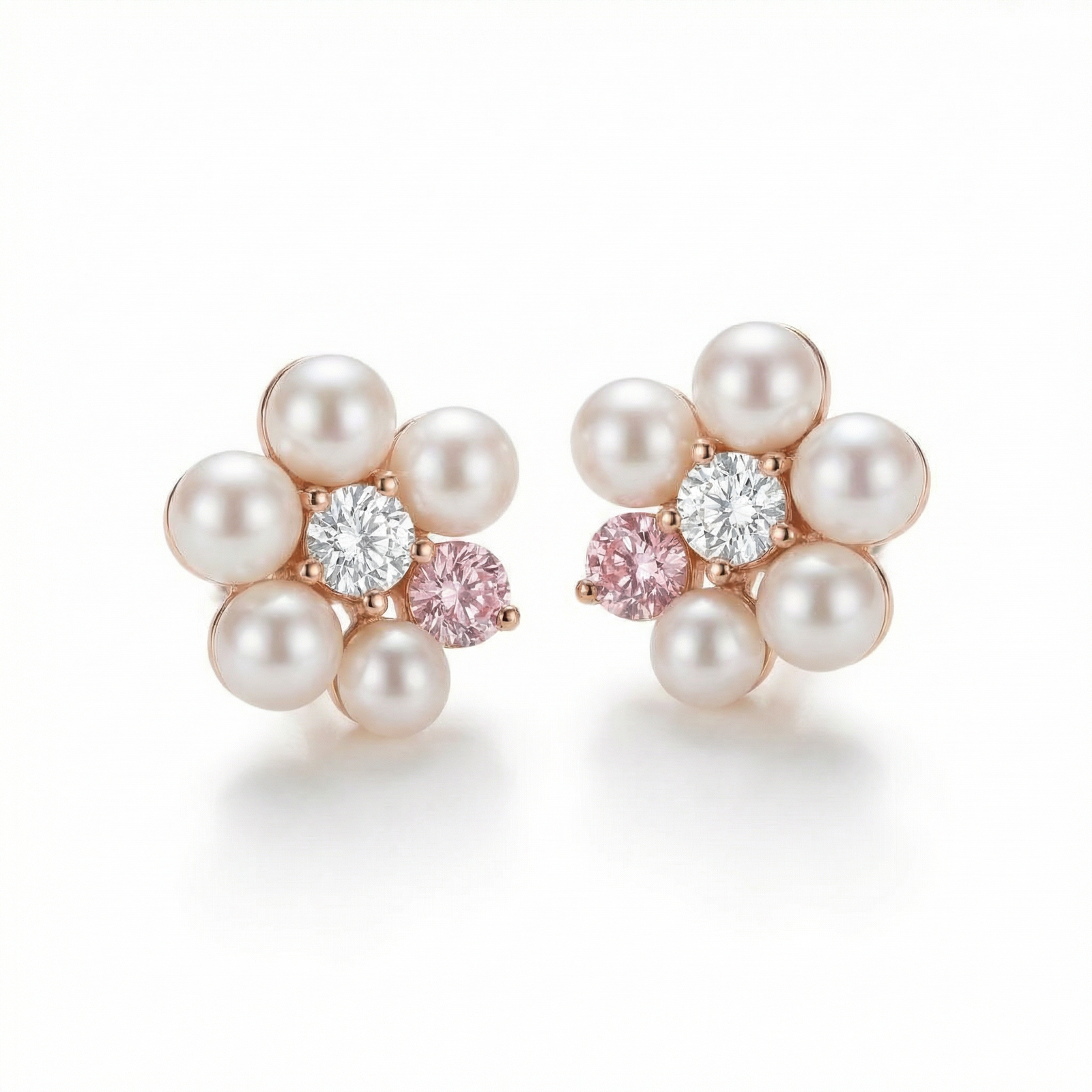 Akoya pearl and pink diamond floral earrings in rose gold — M Grace Jewelry