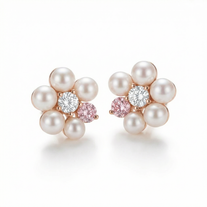 Akoya pearl and pink diamond floral earrings in rose gold — M Grace Jewelry