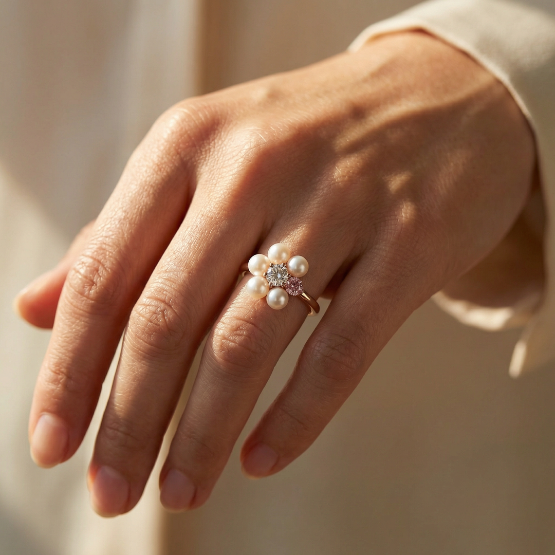 Platinum floral Akoya pearl and pink diamond ring by M Grace Jewelry
