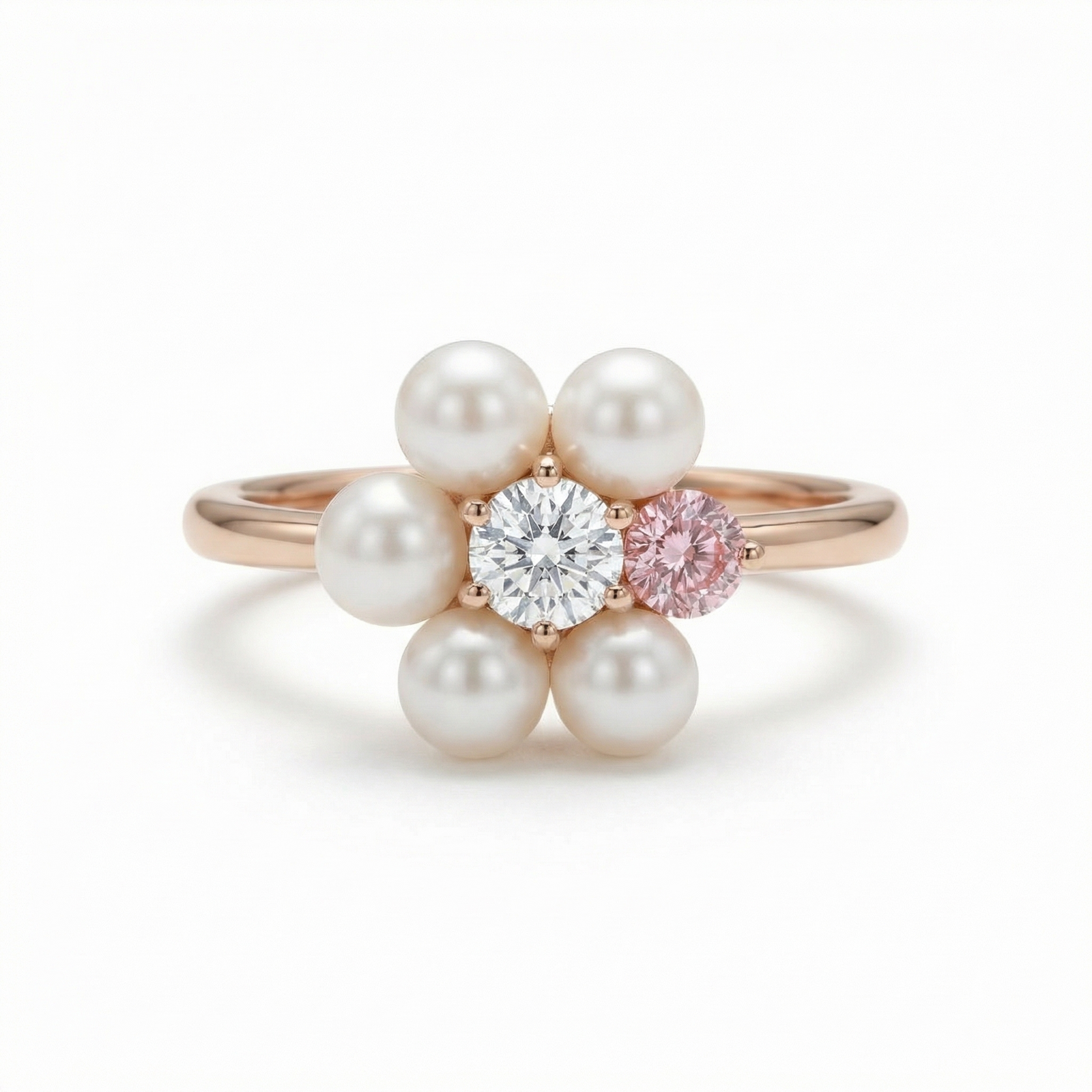 Rose Gold floral Akoya pearl and pink diamond ring by M Grace Jewelry