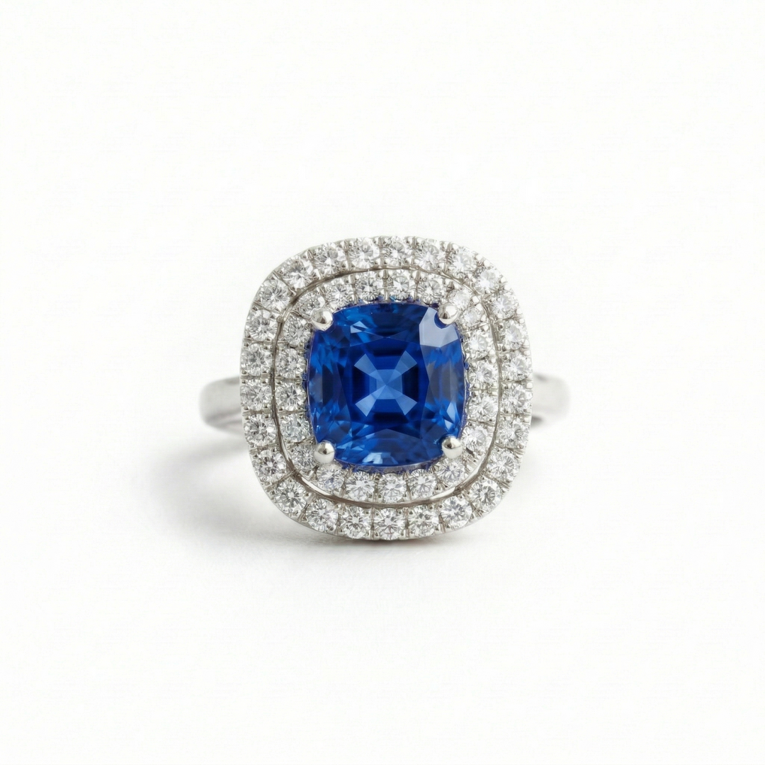 Lab sapphire double halo platinum ring — M Grace Jewelry