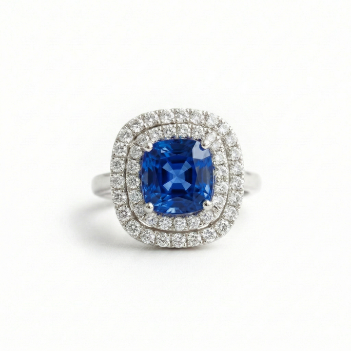 Lab sapphire double halo platinum ring — M Grace Jewelry