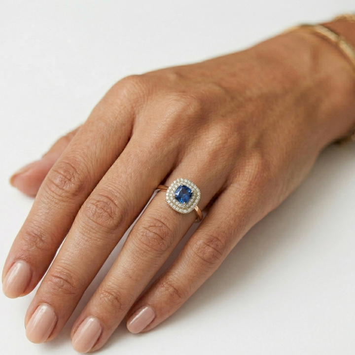 Lab sapphire double halo yellow gold ring — M Grace Jewelry