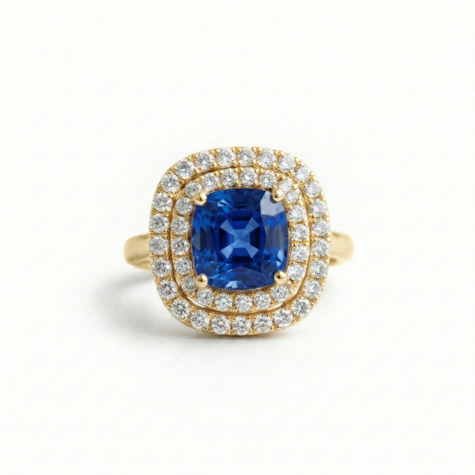 Lab sapphire double halo yellow gold ring — M Grace Jewelry