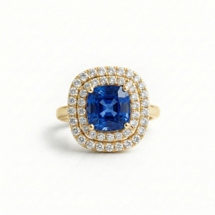 Lab sapphire double halo yellow gold ring — M Grace Jewelry