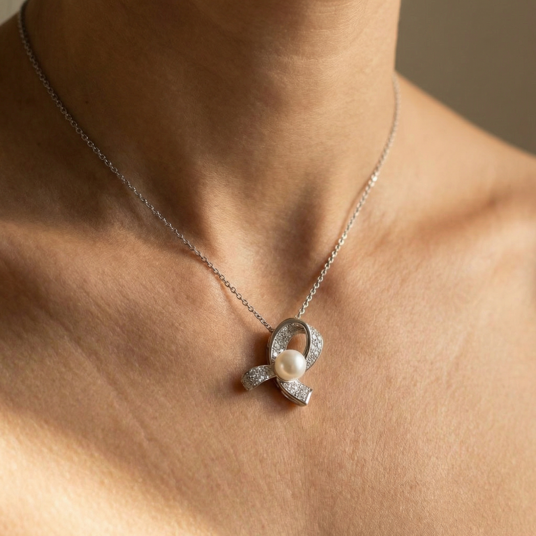 Akoya pearl and diamond ribbon necklace in platinum — M Grace Jewelry